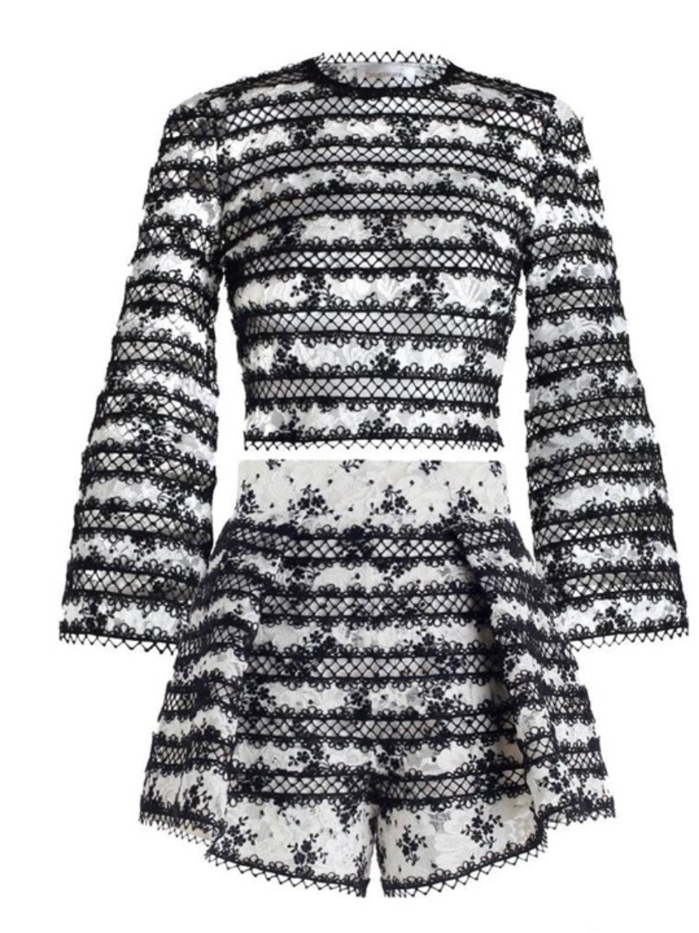 Zimmermann Black and White Lace Overlay Top shorts picot bell set mesh strip